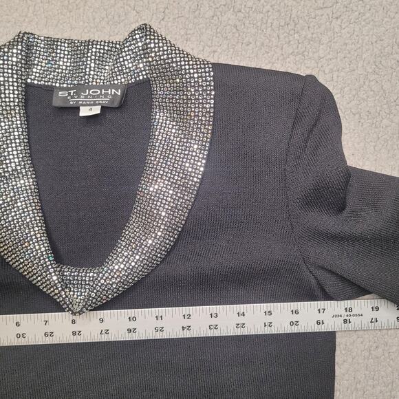 St John Evening Sweater 4 Black Embellished Santana Knit Blouse Top Rhinestones - Picture 7 of 10